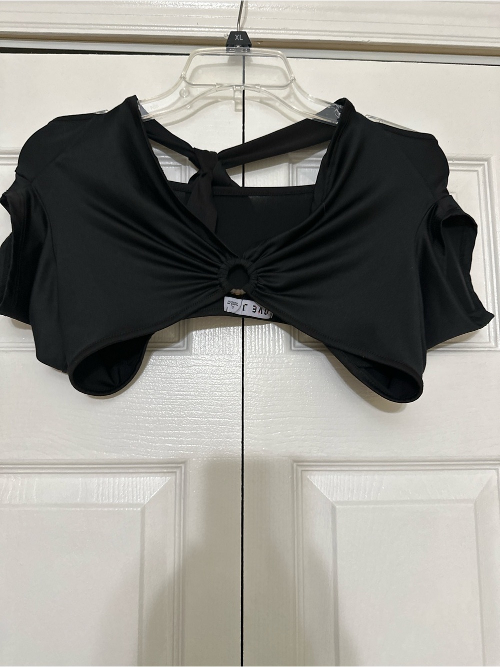 Black Ring-Front Cropped Tie-Back Top